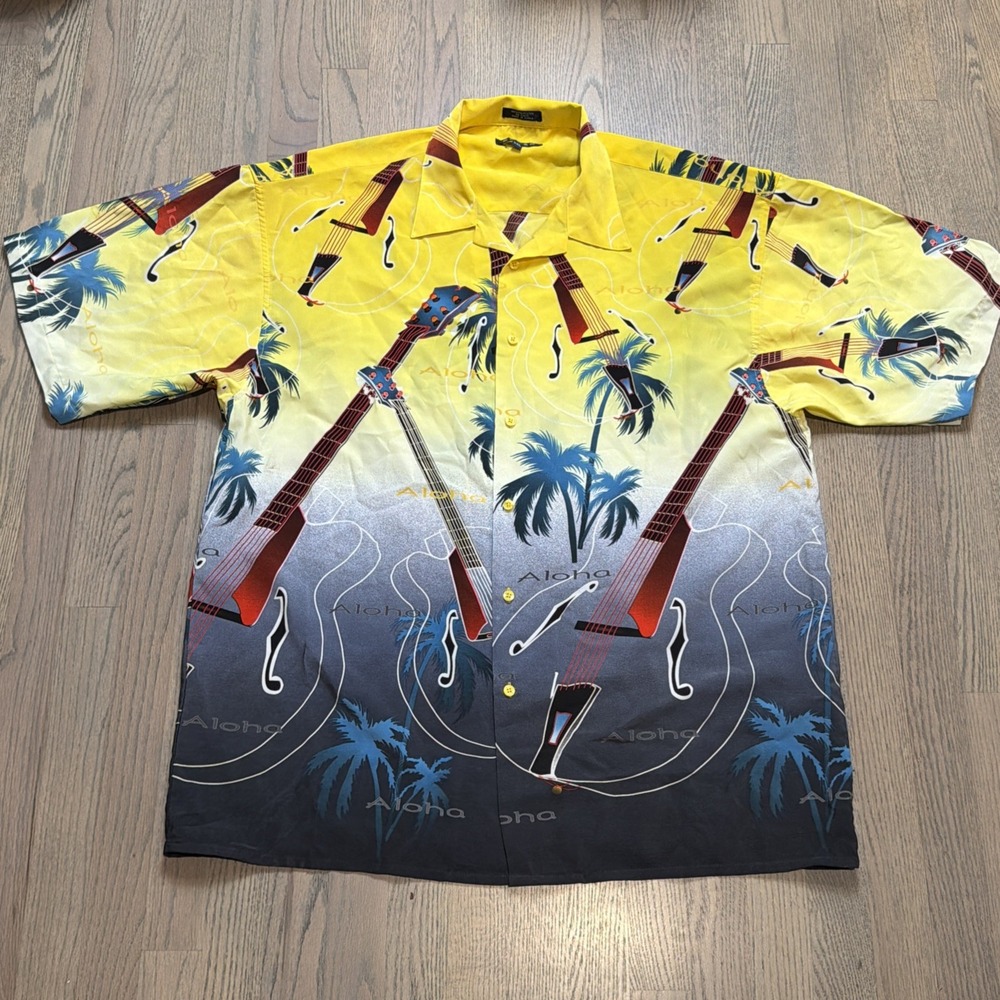 Rare 90's Vintage‎ Hawaiian Guitar Yellow Koman Sport Button Up Shirt Men XXL
